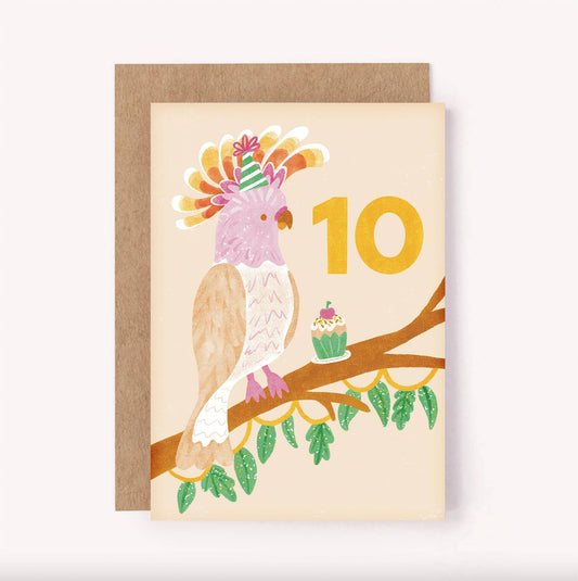 Age 10 Cockatoo Birthday Card - Kids Cute 10th Milestone