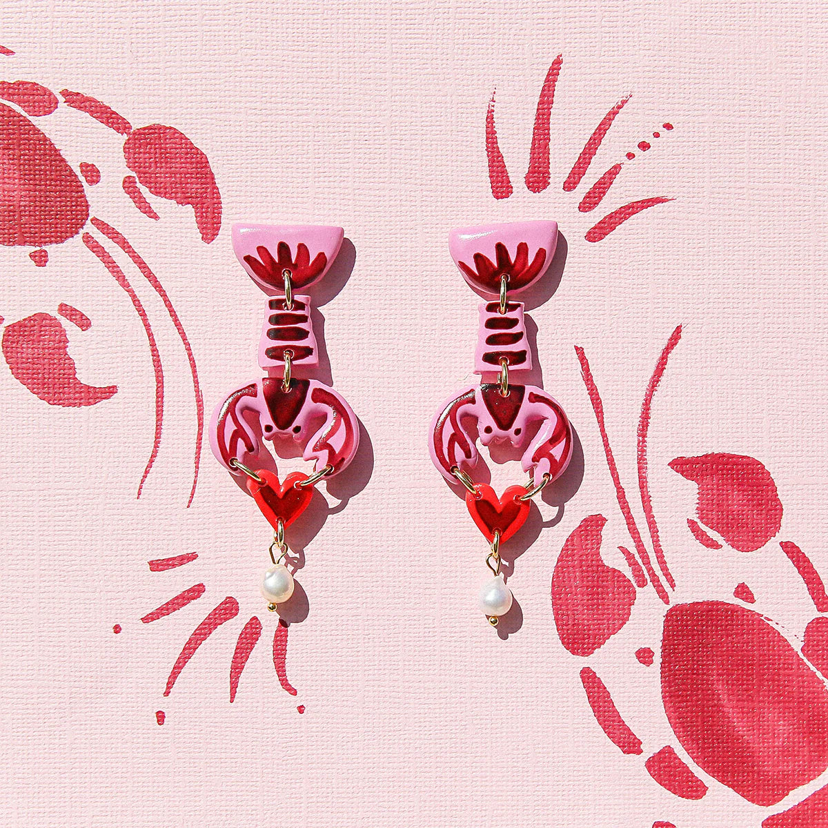 Lobster Heart Drop Earrings - Red