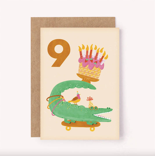 Age 9 Crocodile Birthday Card - Kids Cute 9th Milestone