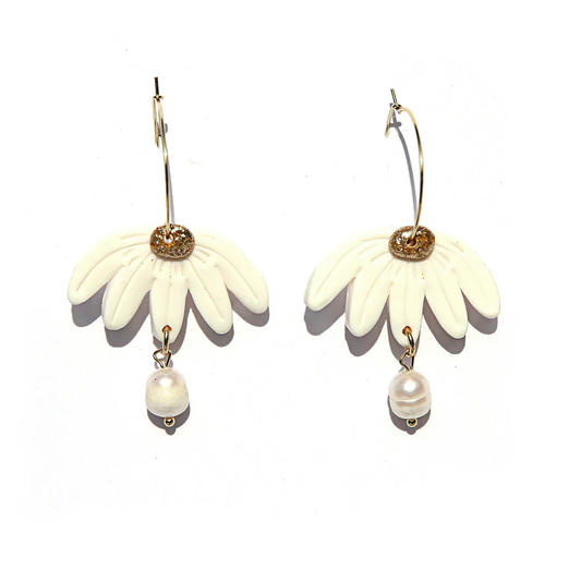 White Flower Hoop Earrings