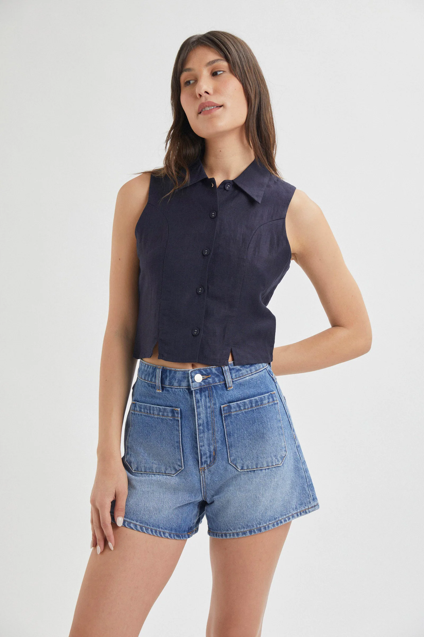 Nina Linen Top - Navy