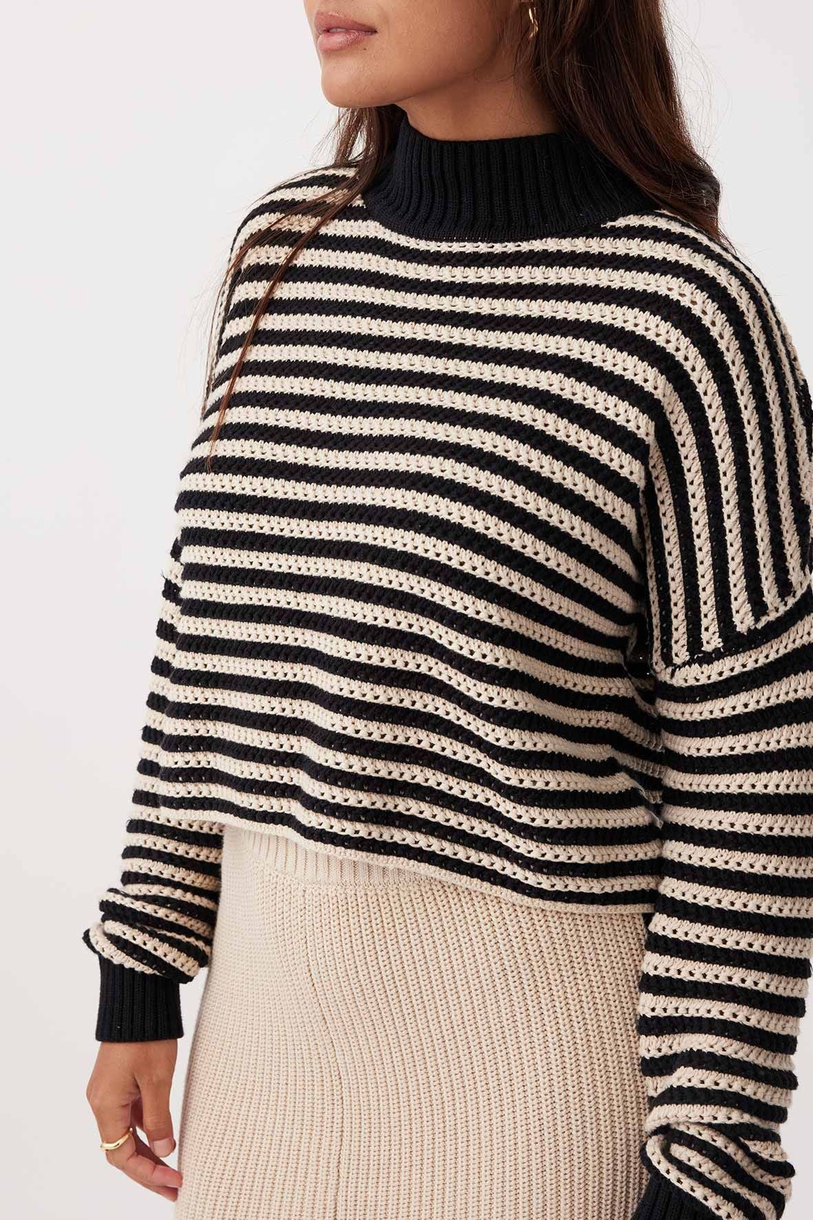 June Cropped Sweater - Sand + Black Stripe