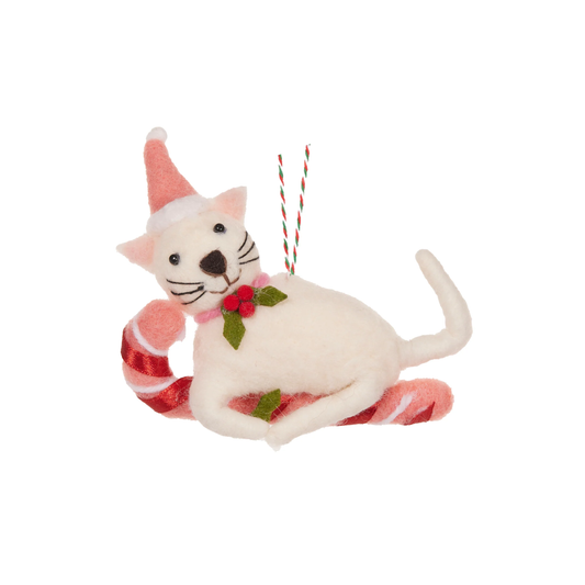 Wool Cream Cat with Candy Cane Tree Hanging