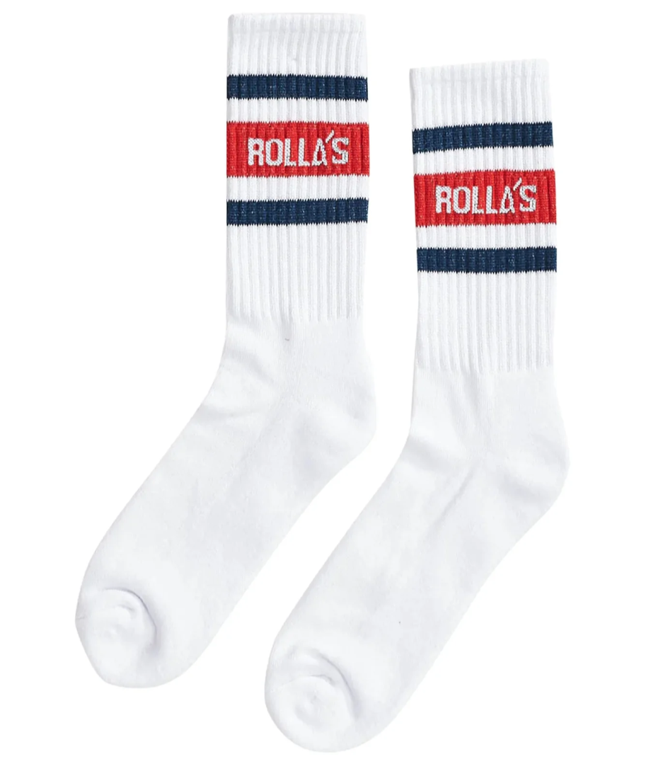 Rollas Logo Sock -  White Red & Blue Stripe