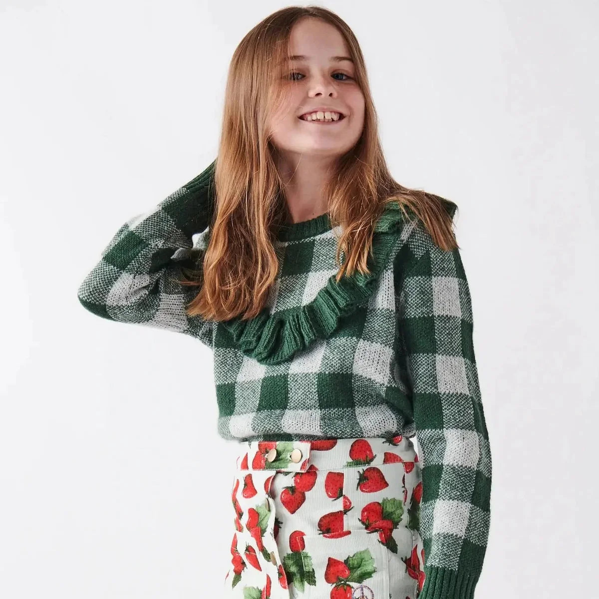 Frill Knit Sweater - Pine Tartan