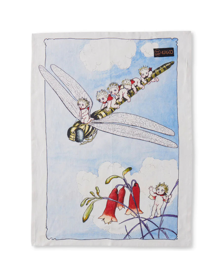 May Gibbs - Dragonfly Express Linen Tea Towel